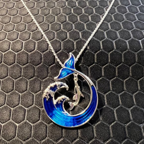 Dolphin and Wave Necklace Blue and Silver-18K White Gold Plated - Picture 1 of 1